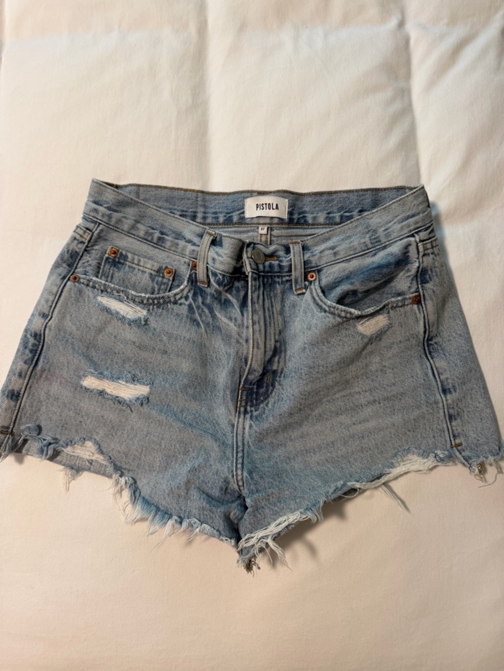 pistola light wash distressed denim cutoff shorts
